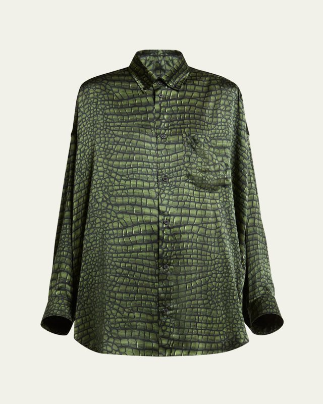 Crocodile Print Satin Button Down Cocoon Blouse